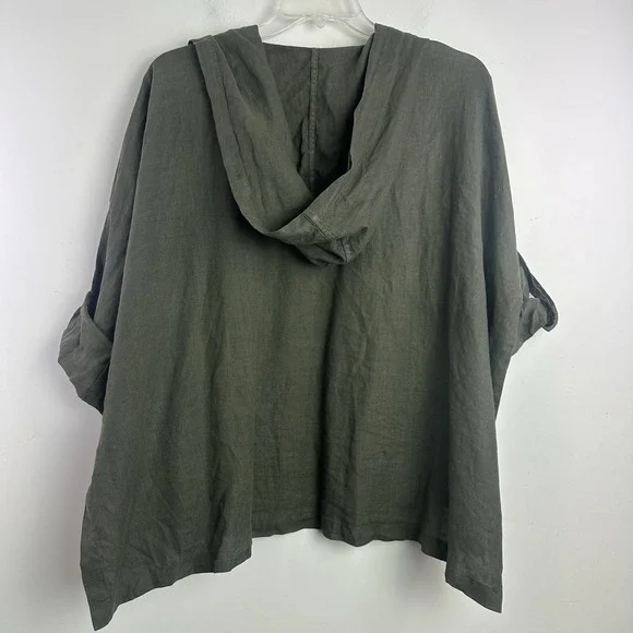 La Fixsun Linen Open Front Cardigan Hooded Size Small Green 3/4 Cuff Sleeve - Picture 5 of 8
